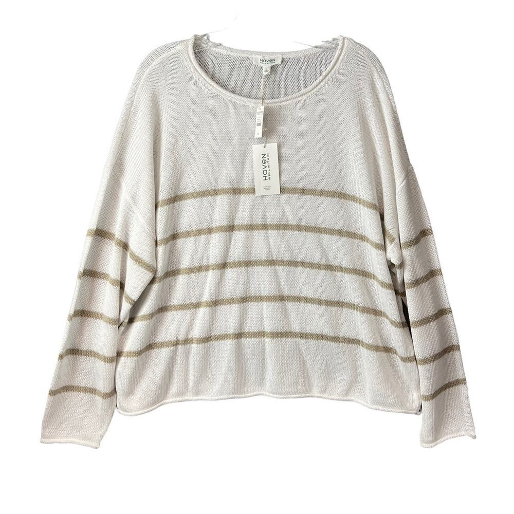 NEW Haven Linen Blend Sweater Pullover Roll Neck Tan Stripe White Size XL